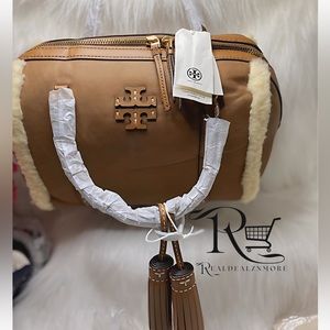 NWT Tory Burch Thea Shearling Small Satchel In Moose Brown Reduced To Crinkling